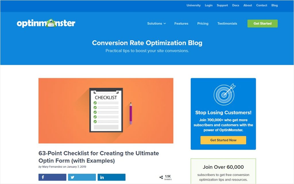 OptinMonster checklist type of blog post