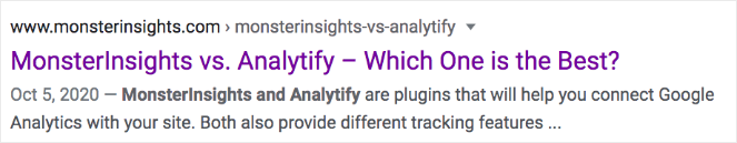 "MonsterInsights vs. Analytify - Which One is the Best?" This shows how a dash looks in a title tag 