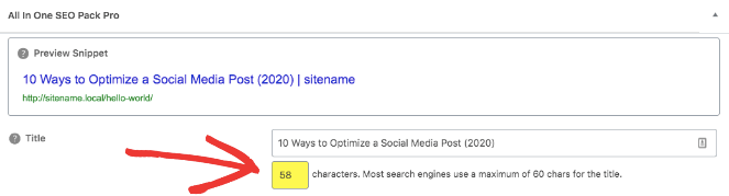 At the bottom of the AIOSEO settings you can see the character count. In this case, it's 58 characters. 