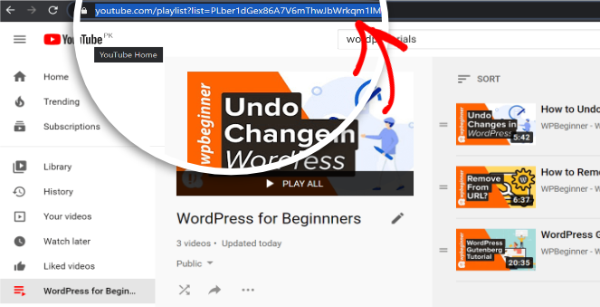 Copy youtube playlist URL