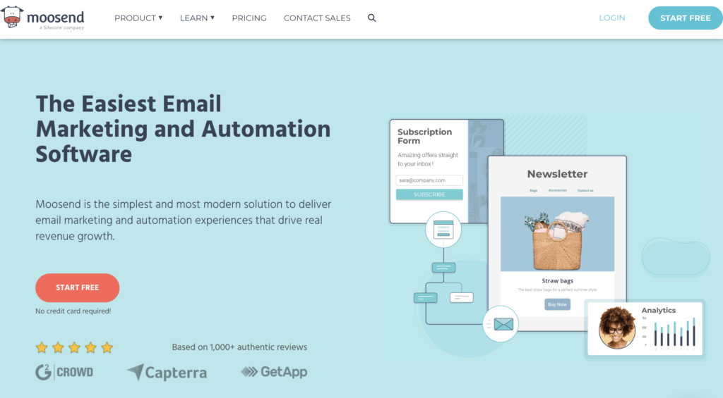 moosend email marketing platform homepage.