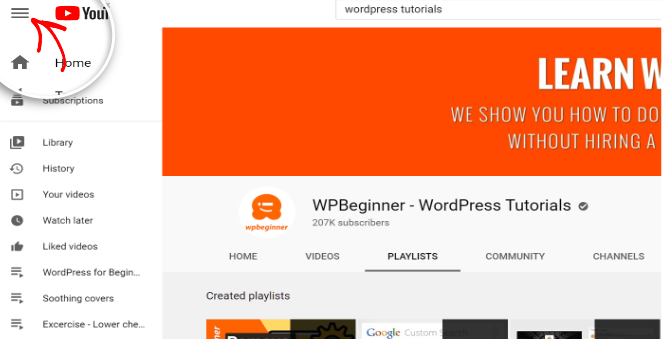 Embed youtube playlist in WordPress - click on menu icon