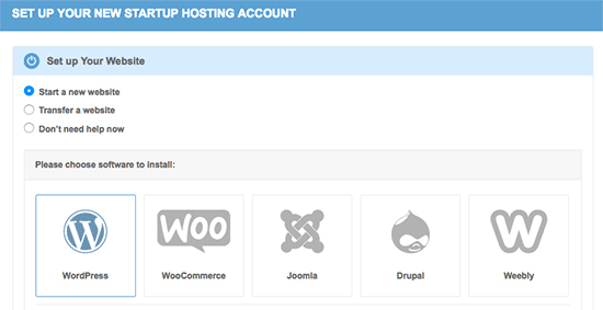 Select start a website - Install WordPress on SiteGround