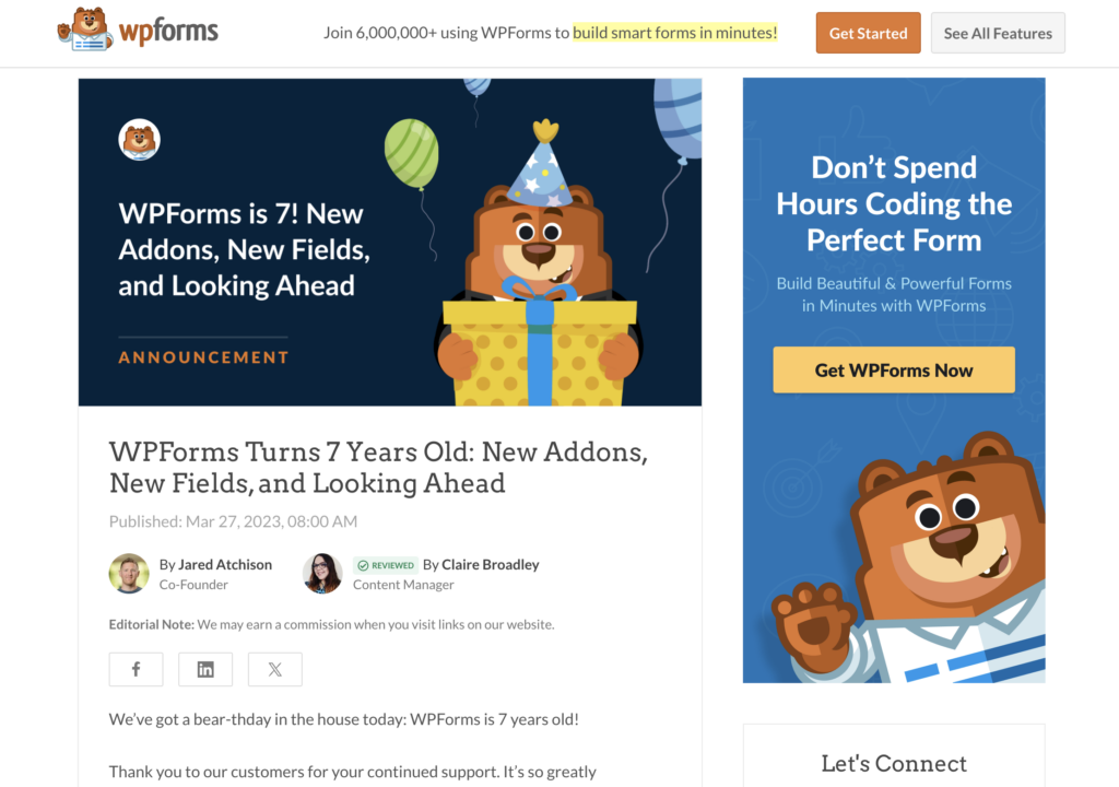 WPForms anniversary type of blog post.